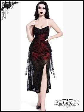 Red & Black Velvet Mermaid Midi Dress, Gothic Renaissance Halloween Dress